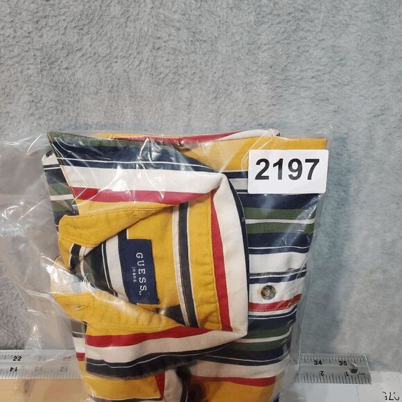 GUESS Shirt Mens Large Green Striped Regular Fit Collar Casual Button Down Vtg - Picture 12 of 12